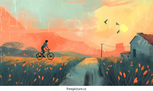 Man Cycling Through Rural Landscape with Sunset in Background