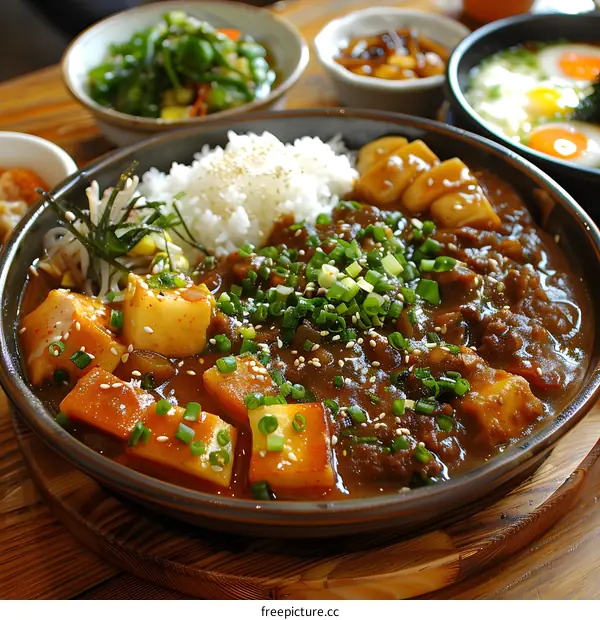 A delicious Japanese curry with rice and side dishes