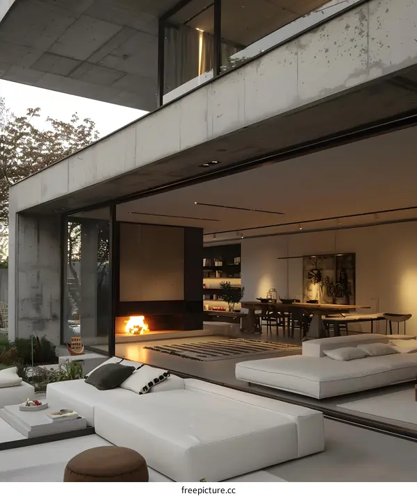 Modern Home Interior With Open Floor Plan And Concrete Walls