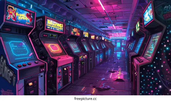 arcade machines in a dark room with neon lights