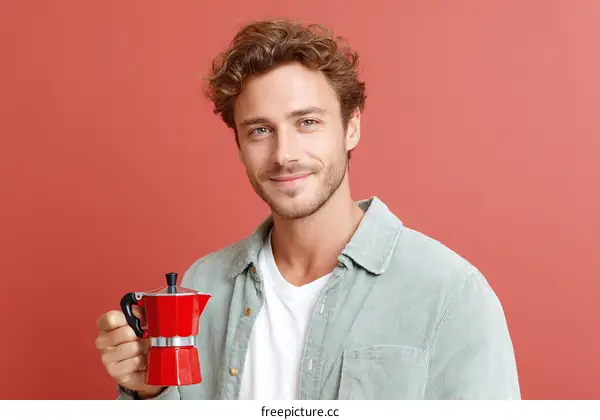 Man Holding a Red Coffee Pot against a Coral Background