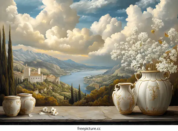Scenic View with Vases and Flowers