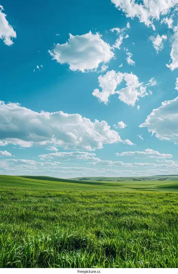 Green rolling hills under a blue sky with white clouds