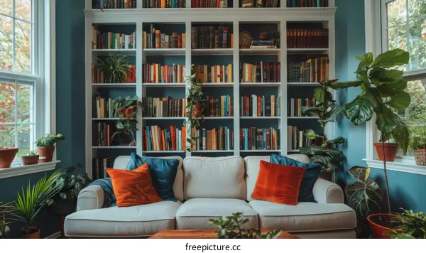 A beautiful living room with a large bookshelf, sofa and many plants