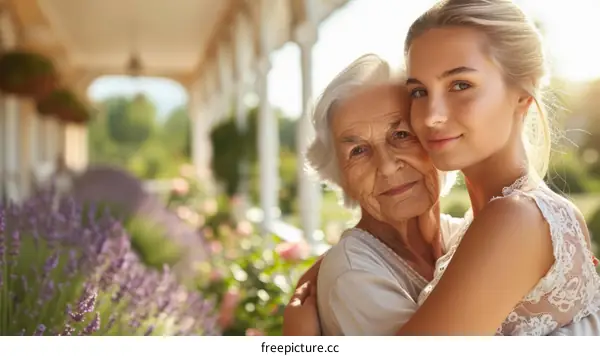 An elderly woman and a young woman are hugging each other outside in a garden with flowers.