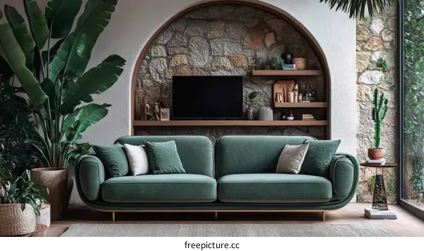 Modern Living Room Sofa with Stone Wall