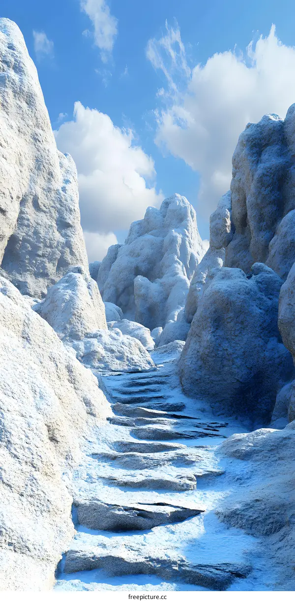 Snowy Mountain Pathway with Blue Sky