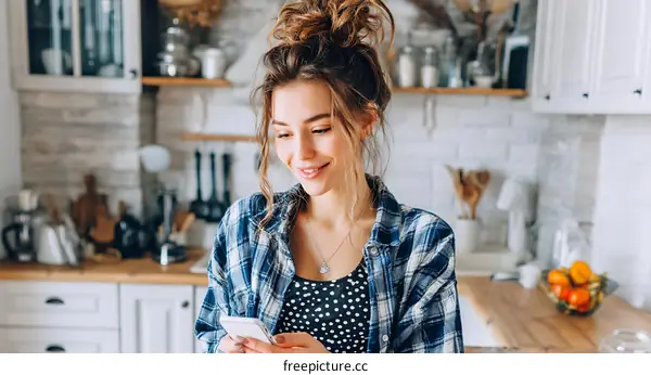Woman using smartphone in a kitchen