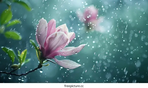 Raindrops falling on pink magnolia flower with blurred background