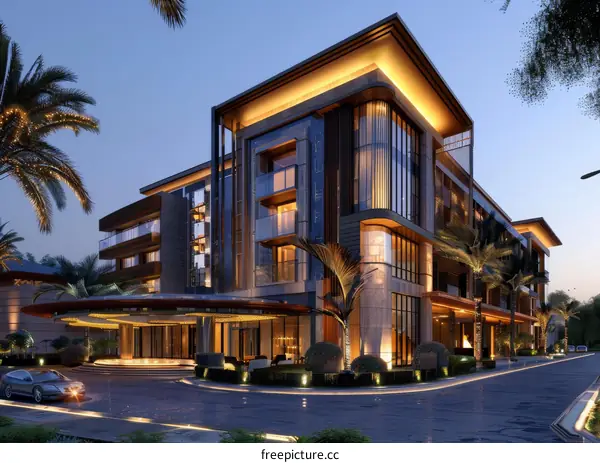 Modern Luxury Hotel Exterior at Dusk