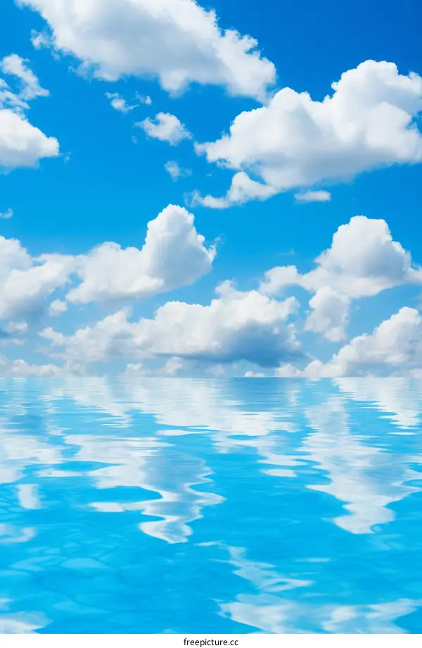 Blue sky and white clouds reflecting in the calm water surface