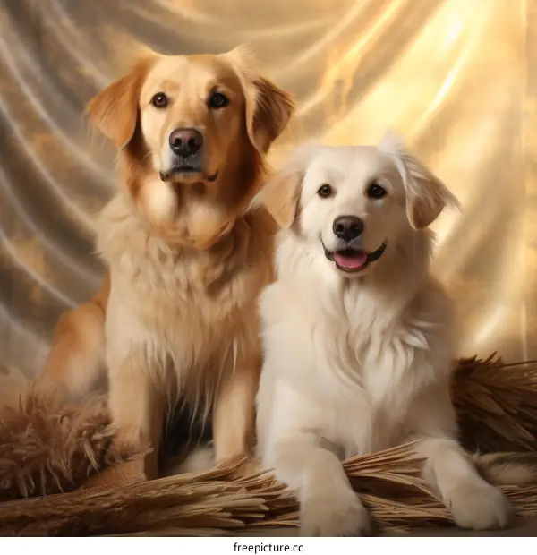 Two Golden Retrievers sitting on a wheat field