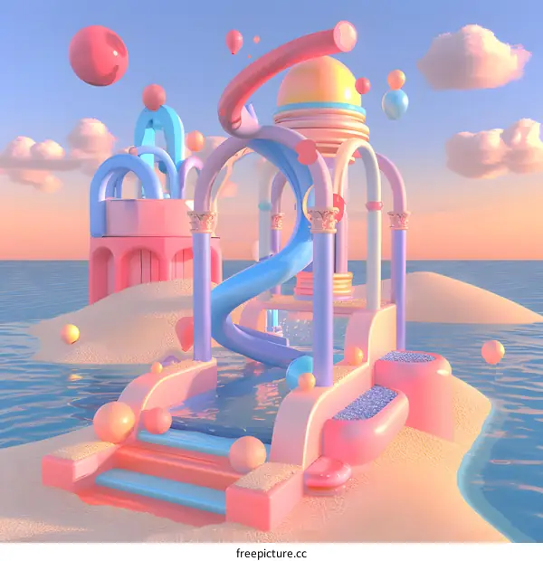 Abstract Surrealist Fantasy Architecture On Sand Beach With Pool And Slide