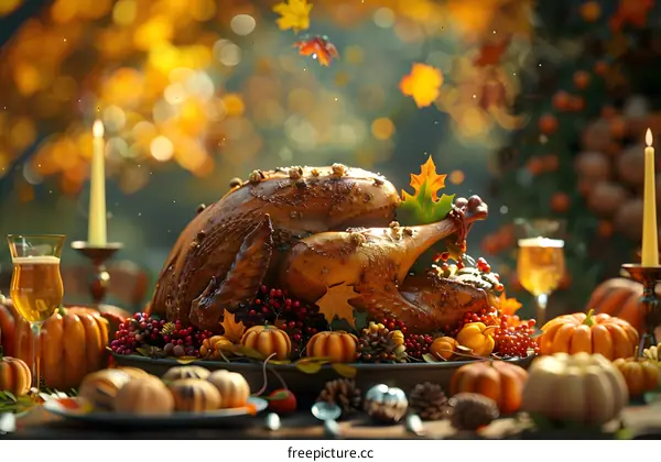 Thanksgiving dinner table with a roasted turkey, pumpkins, and candles