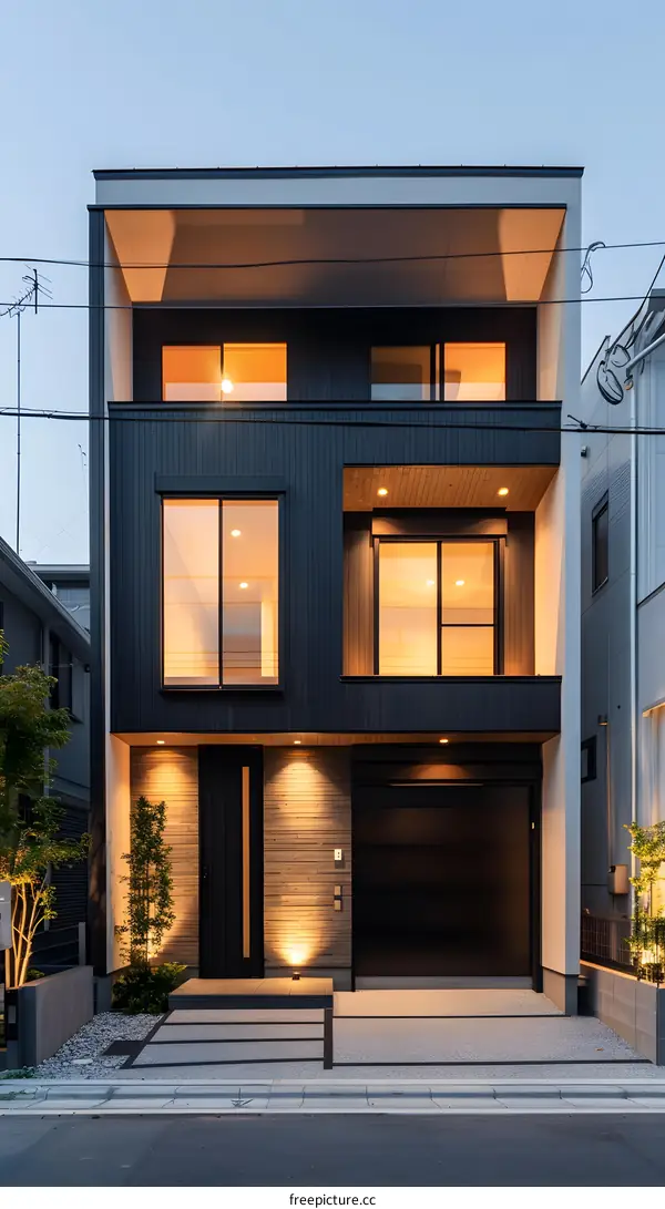 Modern Black and White House with a Wooden Facade
