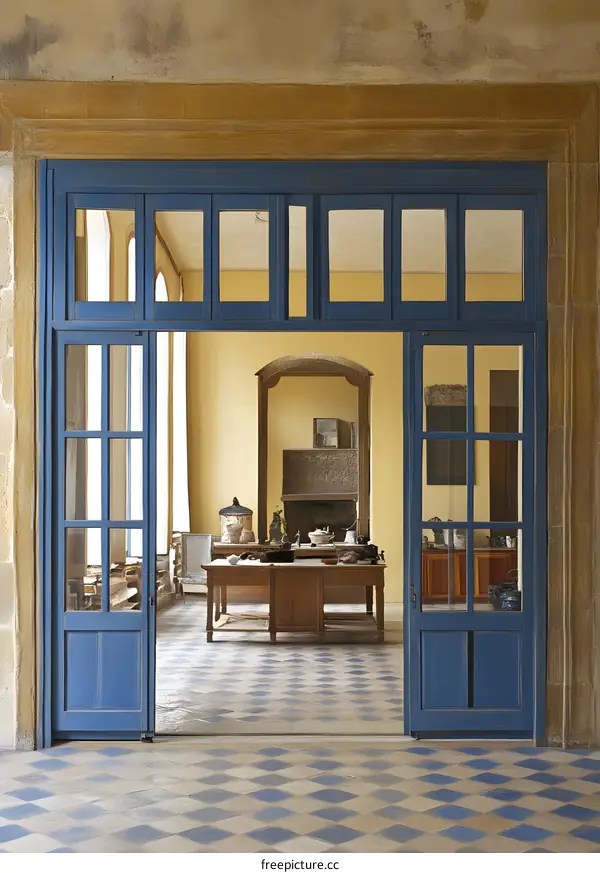 Blue Doors Leading to a Kitchen With a Yellow Wall
