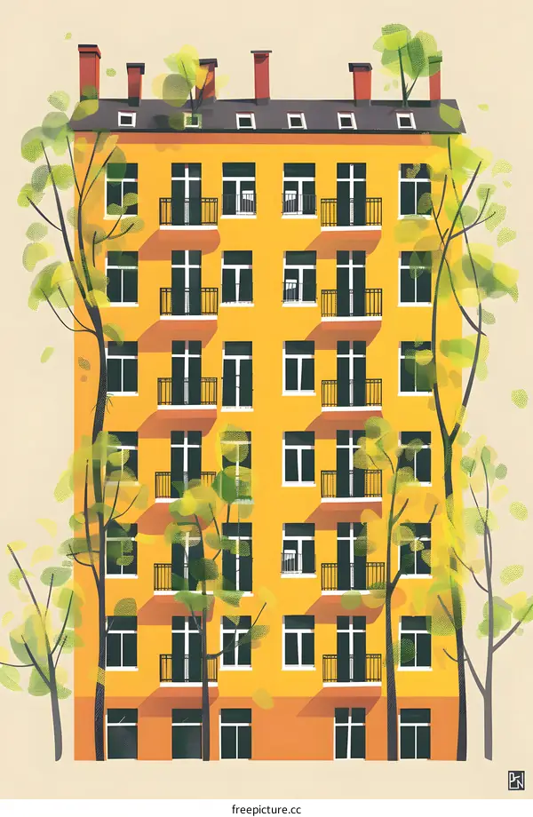 Yellow Building with Trees Illustration