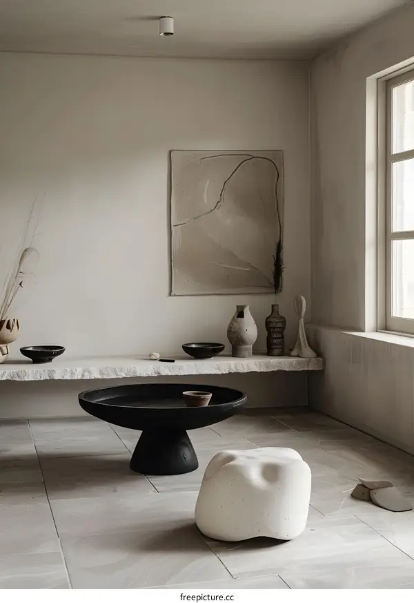Minimalist Living Room Interior Design with Black Coffee Table and White Stone Stool