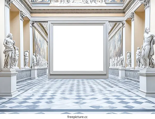 Empty Frame in Classic Art Gallery Hallway with Statues