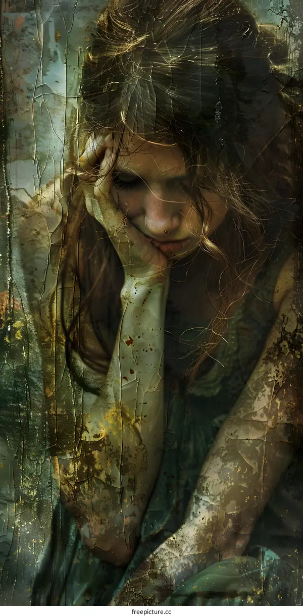 Portrait of a young woman with long brown hair and blue eyes, with a hand on her head and the other hand on her chest, with a grungy background