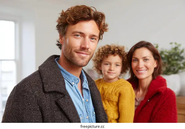 Happy Family Portrait with Two Adults and a Child Standing Indoors