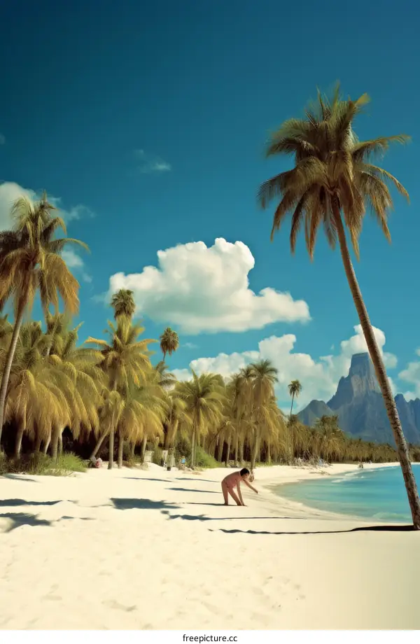 Palm trees on a beach with a mountain in the background