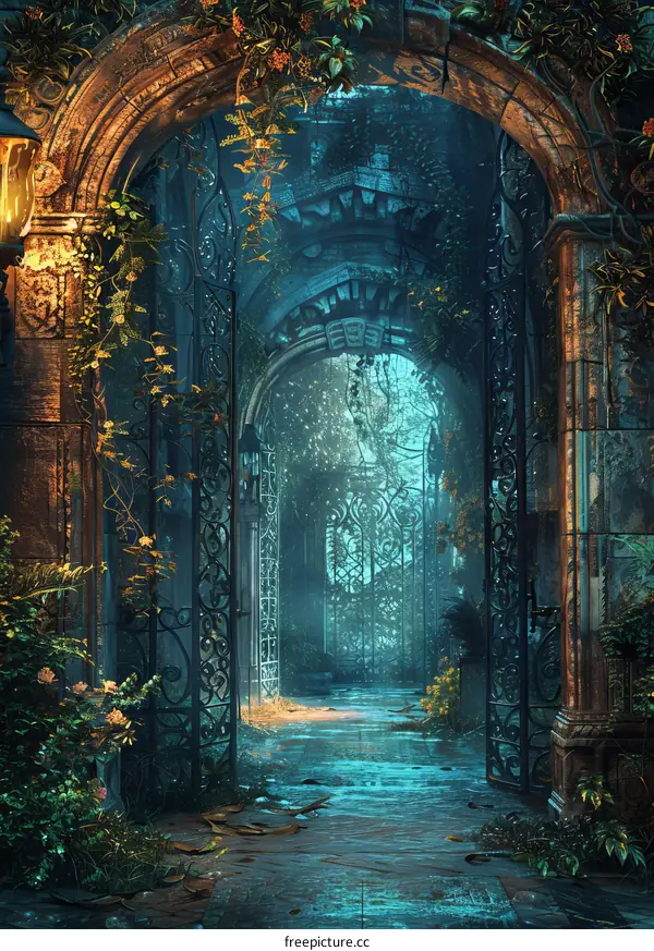 Overgrown mystical garden path of enchanted beauty