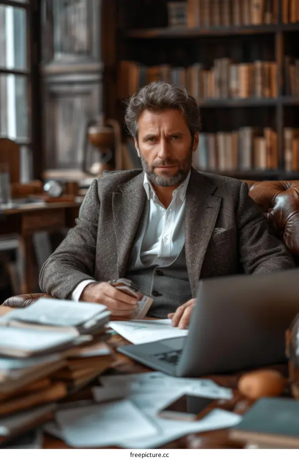 Confident mature businessman sitting in a leather chair in a home library.