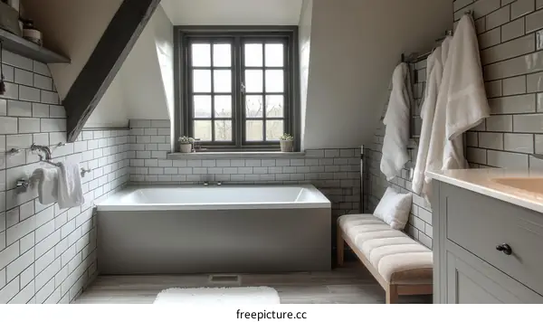 Cozy Attic Bathroom with Gray Bathtub and White Tiles