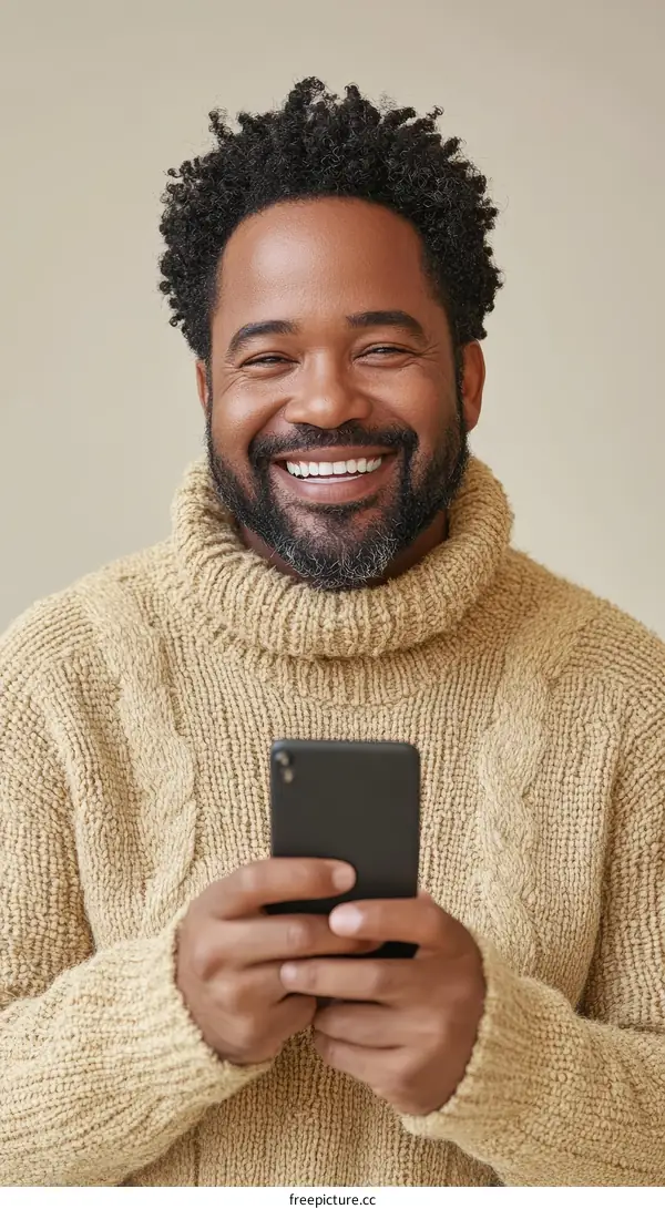 Smiling Black Man Using Mobile Phone