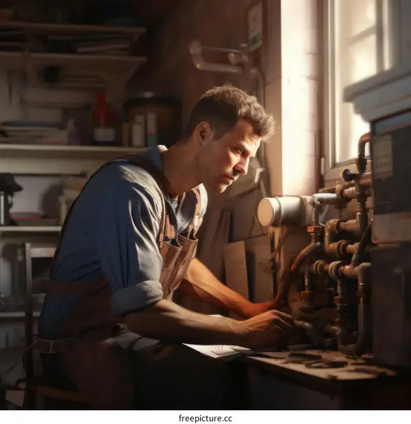 A man in overalls is working on a plumbing system.