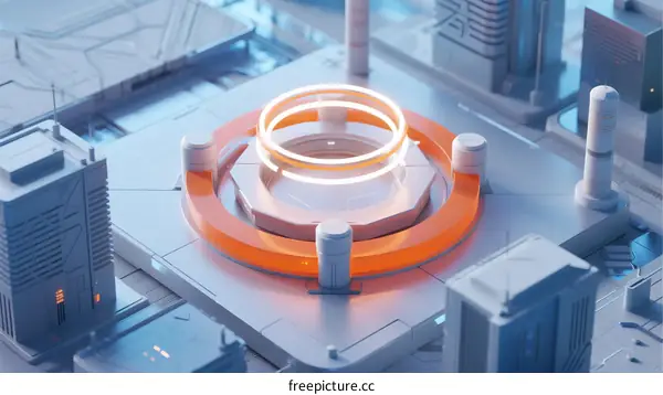 Futuristic City Center with Glowing Circular Structure