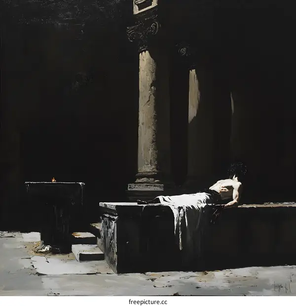 The Man Laying Down on a Stone Bench in a Temple