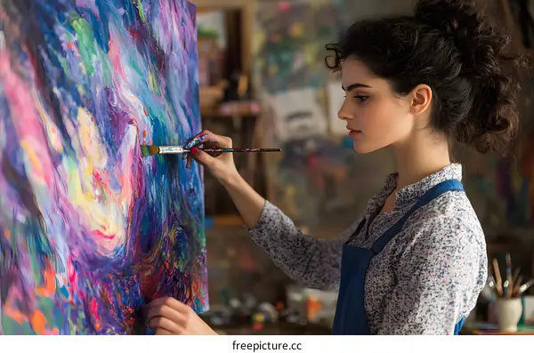 Young Woman Artist Painting Abstract Artwork in Studio