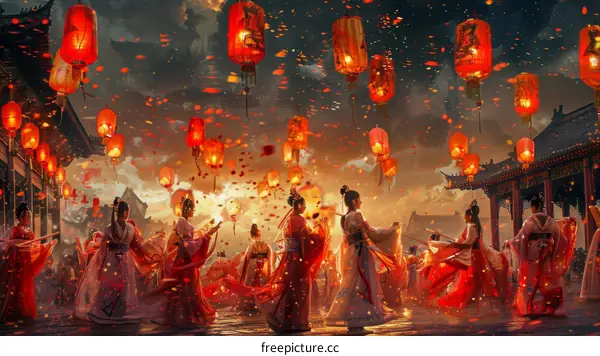 Festive Lantern Festival Celebration with Red Lanterns and People in Traditional Hanfu Clothes