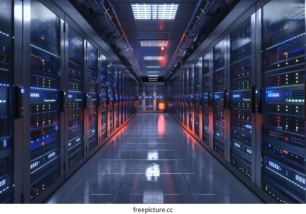 Server room with rows of server racks containing multiple server blades