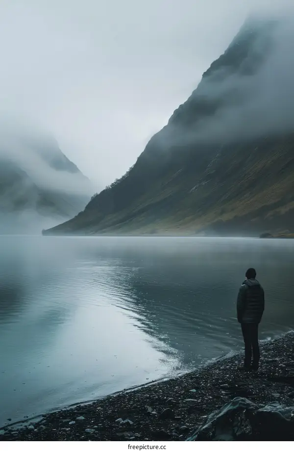 Man standing alone on beach of misty mountain lake