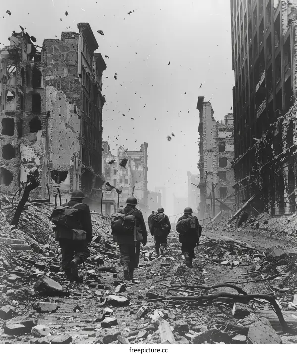 American soldiers walking through the ruins of a German city during World War II