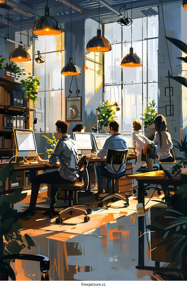 Four people working in a creative office space