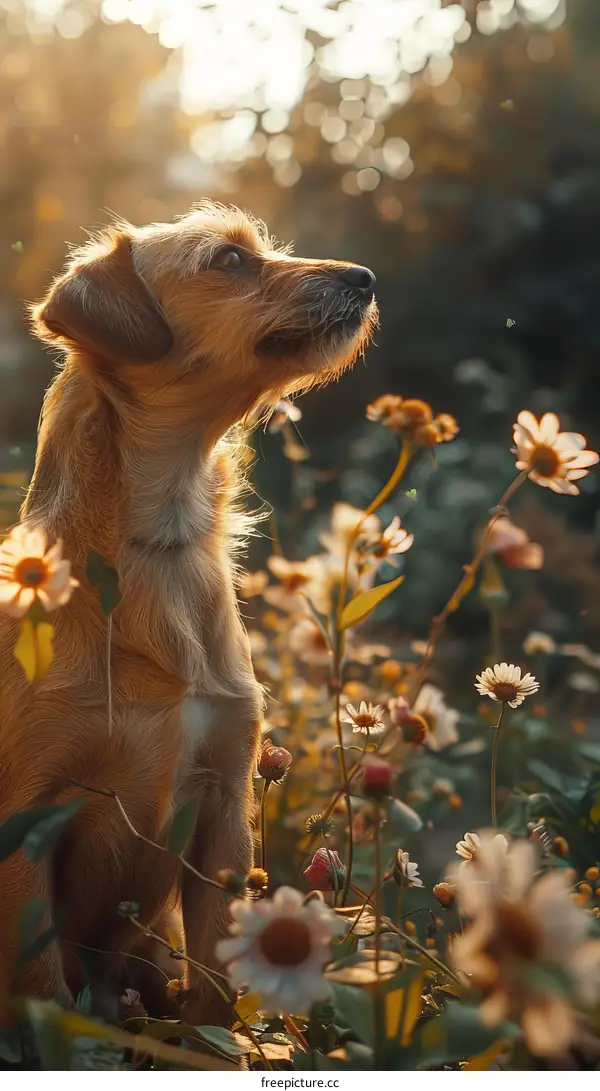 Golden Retriever Puppy in a Field of Flowers