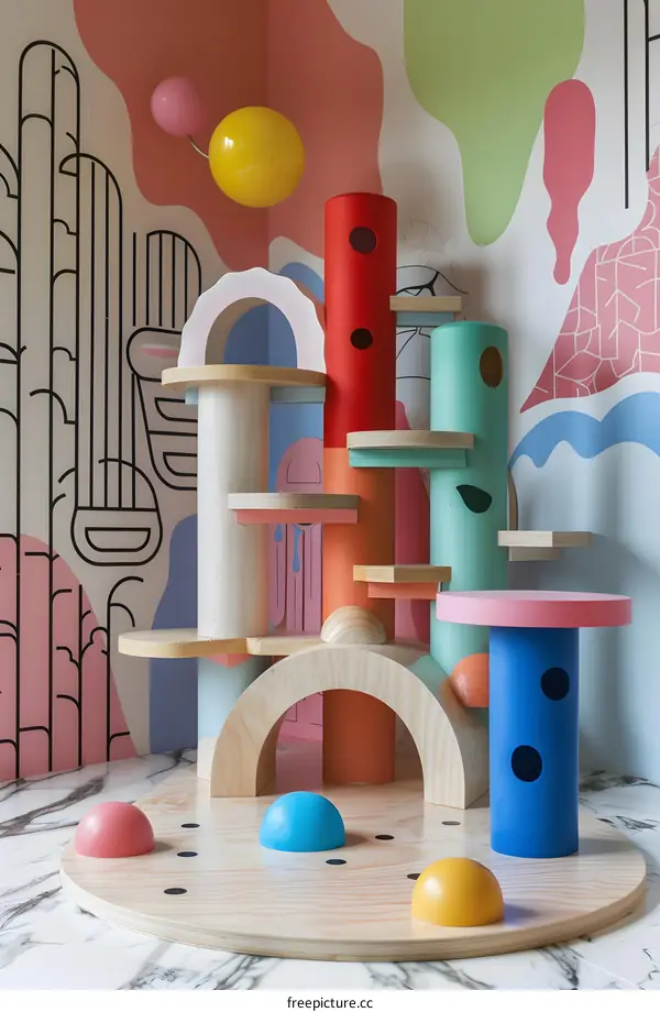 Colorful Wooden Toy Structure With Abstract Background