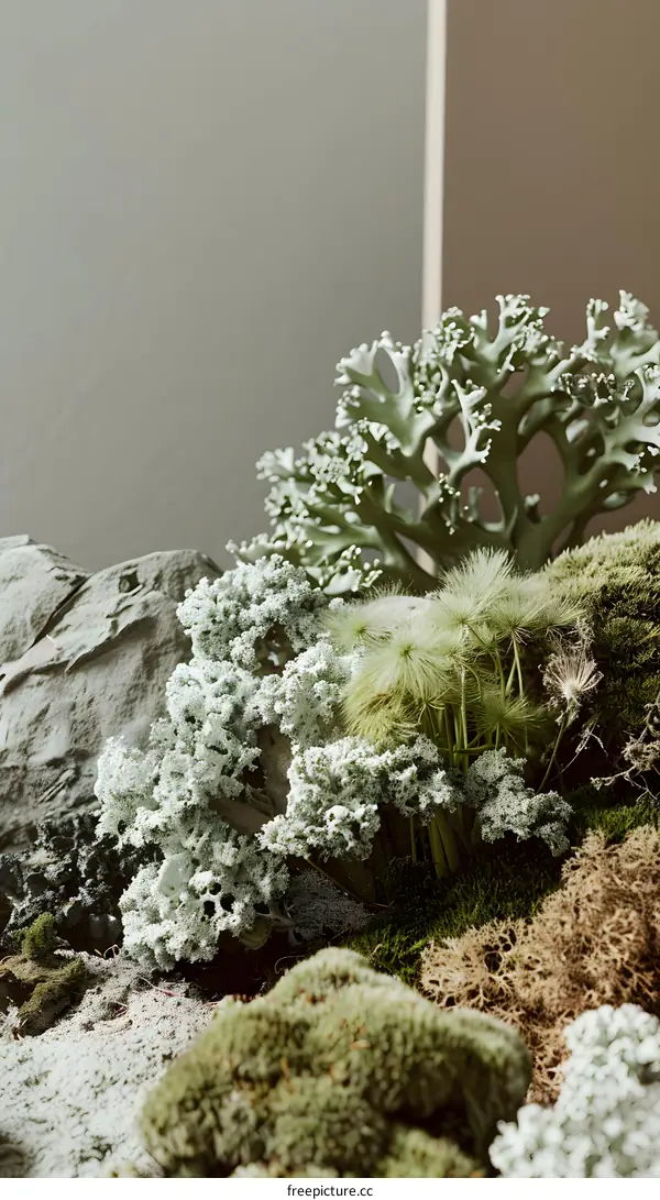 Green Moss and Lichen Close Up  in a Minimalist Setting