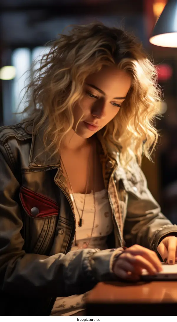 A young woman is sitting in a dimly lit room, reading a book.