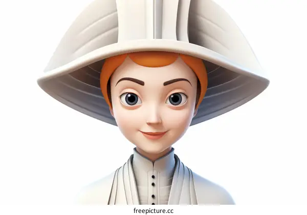 A 3D illustration of a young woman wearing a white hat and a white dress