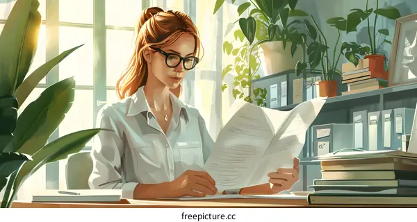 A woman is reading a document in an office.