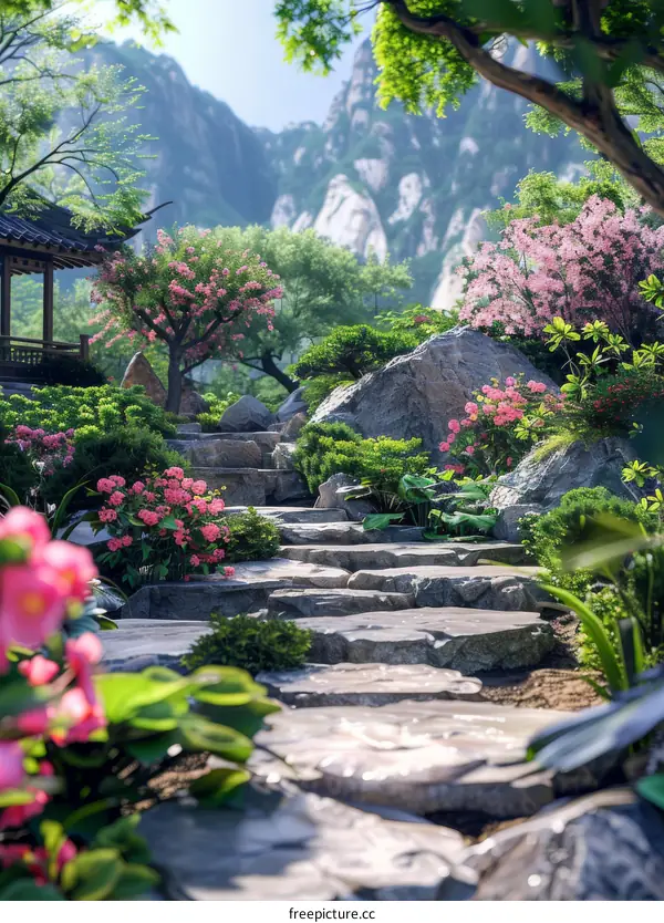 Misty Chinese Garden with Dramatic Mountain Views