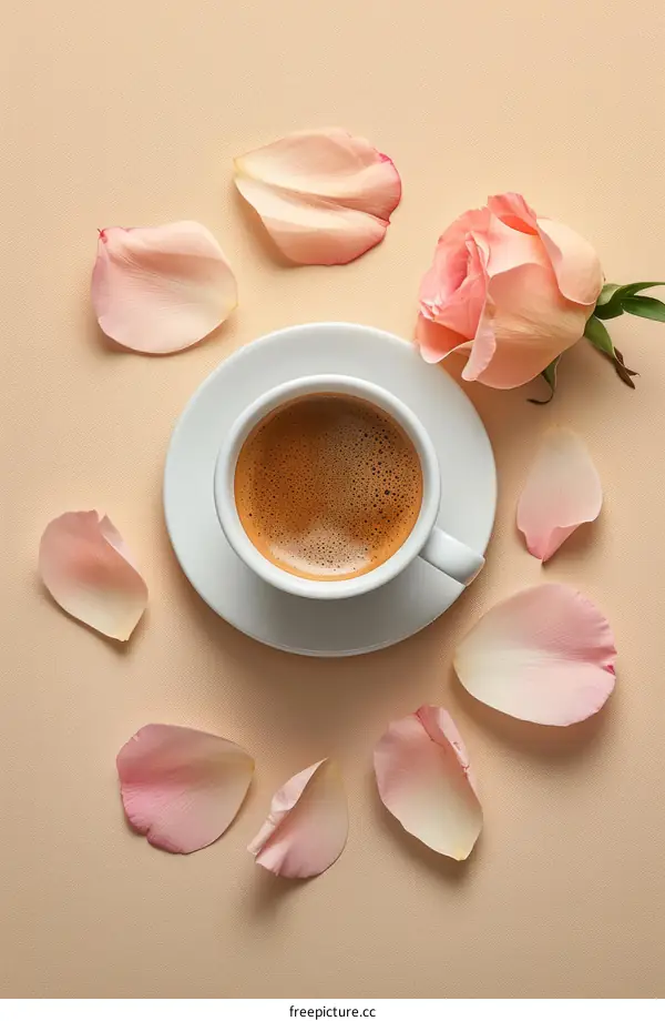 Pink rose and petals with a cup of coffee on a beige background