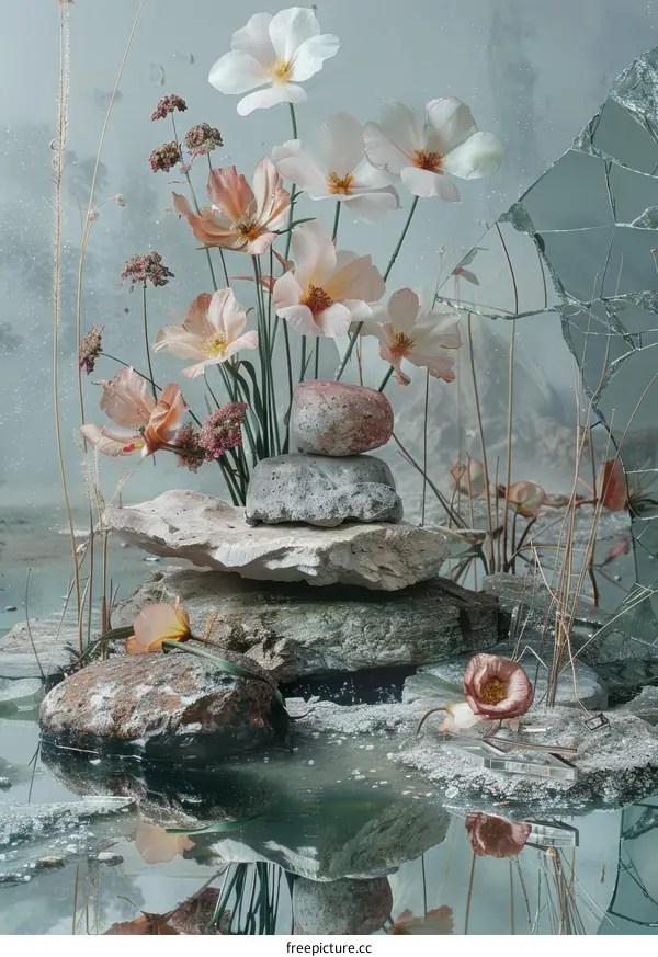 Still life with flowers and rocks near broken glass