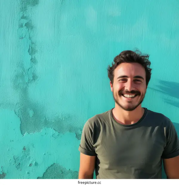 A young man with a beard is smiling in front of a blue wall