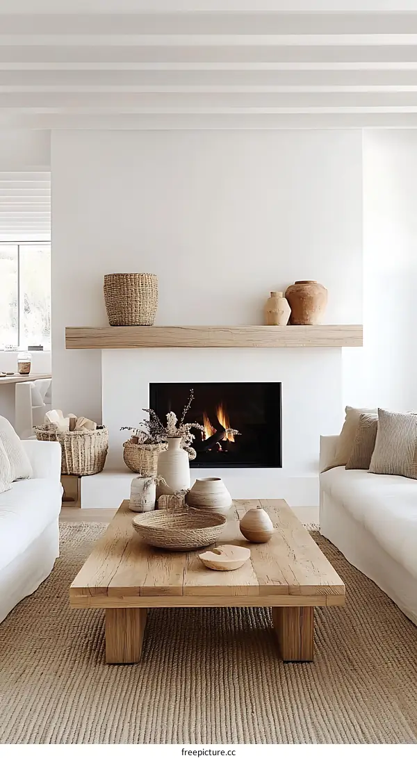 Modern Minimalist Living Room with Wooden Coffee Table